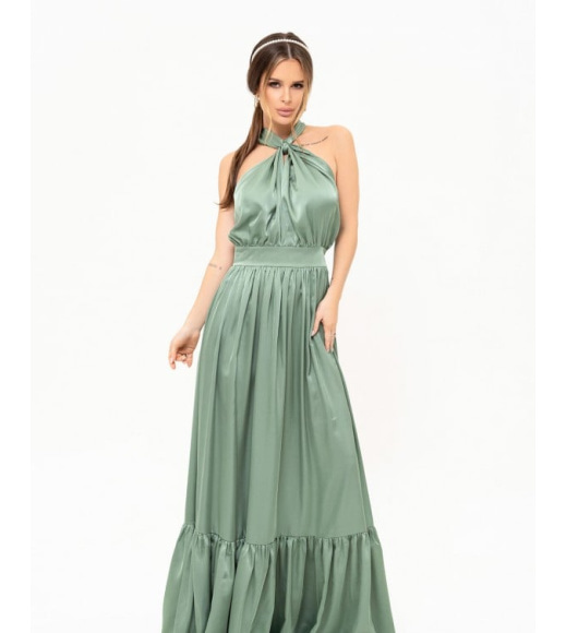 Оливкова шовкова довга сукня з відкритою спиною