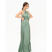 Оливковое шелковое длинное платье с открытой спиной