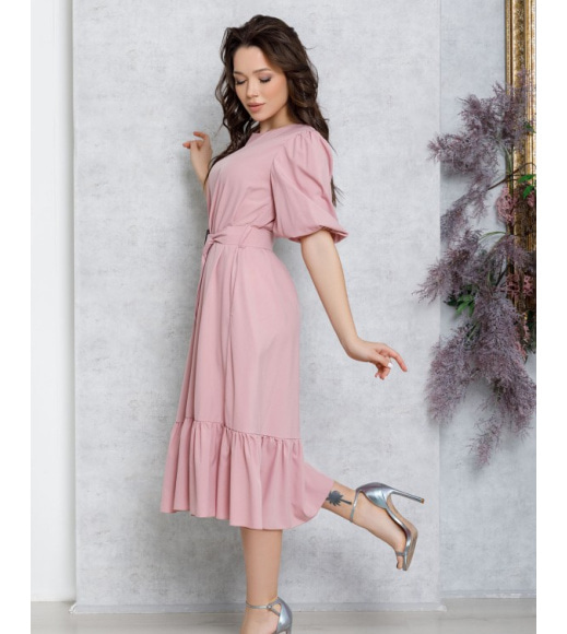 Розовое расклешенное платье с рукавами-фонариками