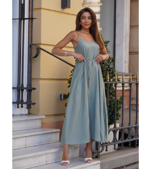 Оливковый льняной длинный сарафан на бретельках