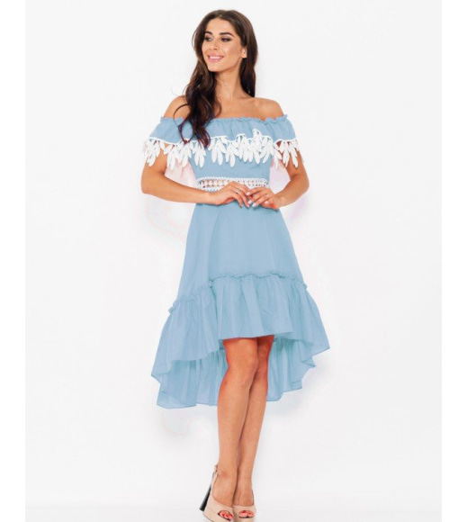 Голубое асиметричное коттоновое платье с отворотом