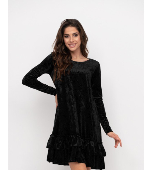 Черное велюровое платье-трапеция с воланами