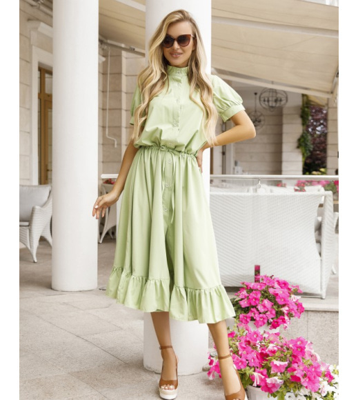Оливковое платье-рубашка на кулиске