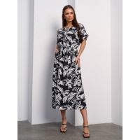 Черно-белое льняное платье на кулиске