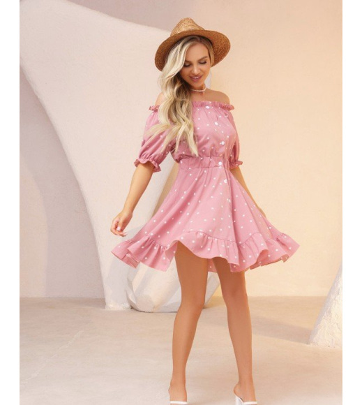 Розовое платье в горох с рюшами