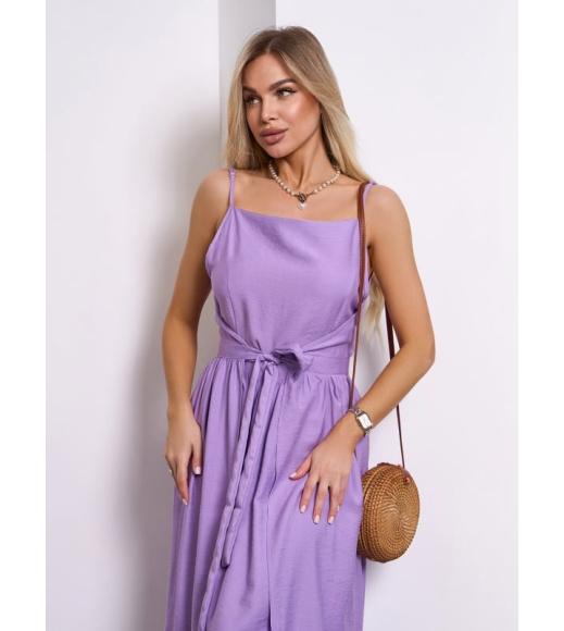 Сиреневый льняной сарафан кроя на запах