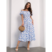 Бело-синее платье с открытыми плечами