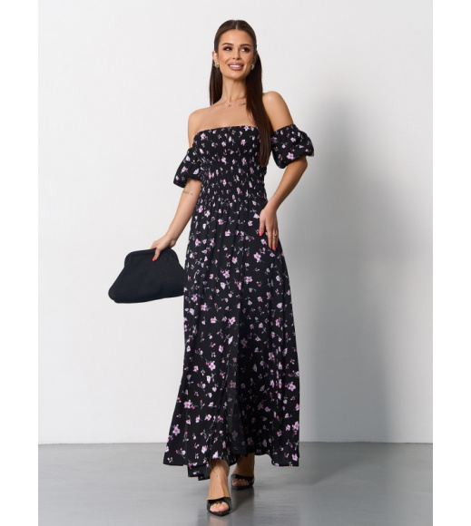 Черное хлопковое платье бандо с разрезами