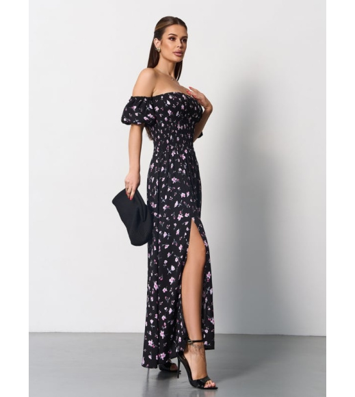 Черное хлопковое платье бандо с разрезами