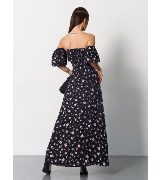 Черное хлопковое платье бандо с разрезами