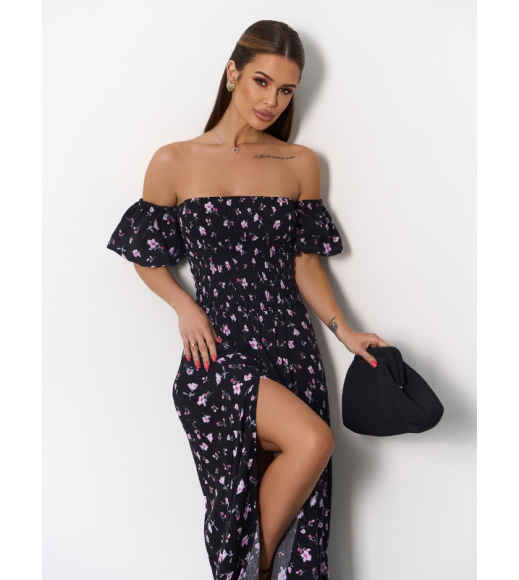 Черное хлопковое платье бандо с разрезами