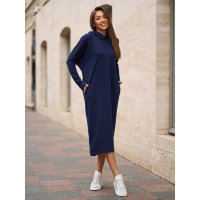 Темно-синее ангоровое асиметричное платье с капюшоном