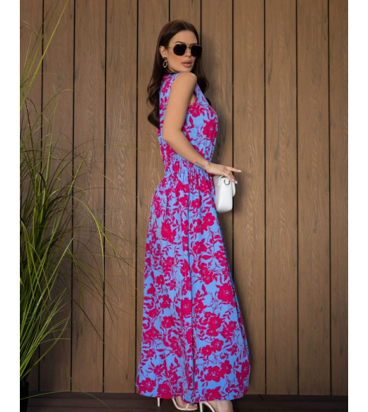 Малиново-голубое цветочное длинное платье без рукавов