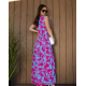 Малиново-голубое цветочное длинное платье без рукавов
