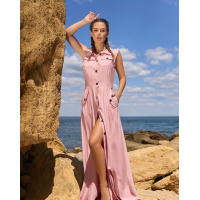 Розовое длинное платье-рубашка из льна