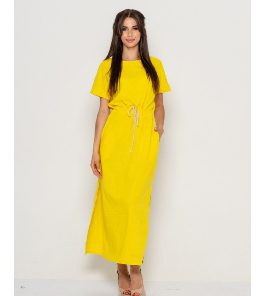 Жовте лляне плаття з куліскою на талії