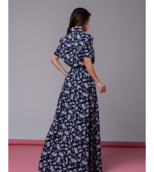 Длинное синее платье-рубашка с цветочным принтом