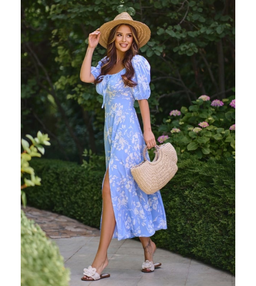 Голубое ретро платье с разрезом