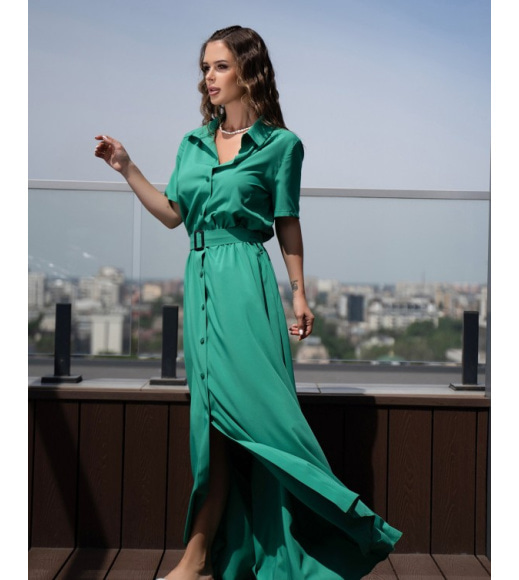 Зеленое длинное платье-рубашка на пуговицах