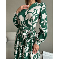 Зеленое длинное платье-халат с принтом