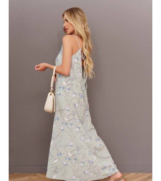 Оливковое платье-комбинация с цветочным принтом