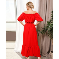 Красное креповое платье на пуговицах с воланом