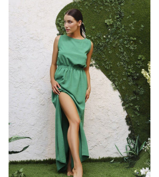 Зеленое хлопковое длинное платье с разрезом