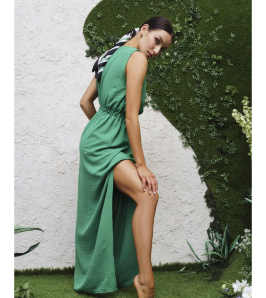 Зелена бавовняна довга сукня з розрізом