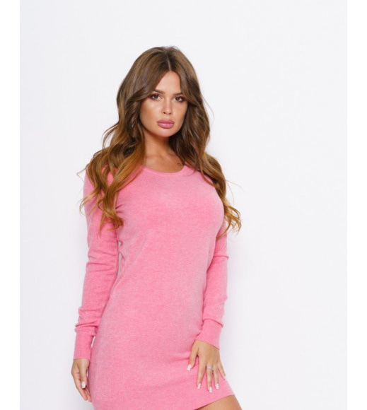 Персиковое ангоровое мини платье-свитер на манжетах