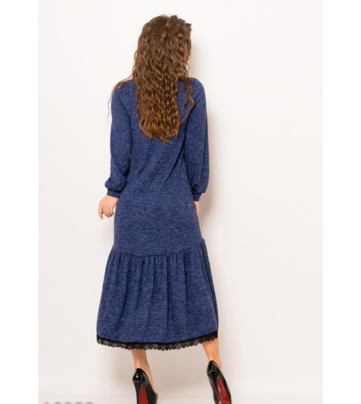 Синее меланжевое ангоровое длинное платье с широким воланом