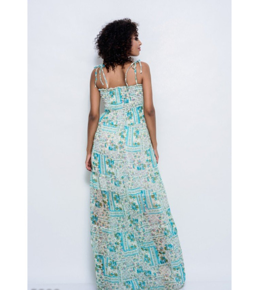Бирюзовое шифоновое летнее платье-сарафан в пол с жаткой на груди
