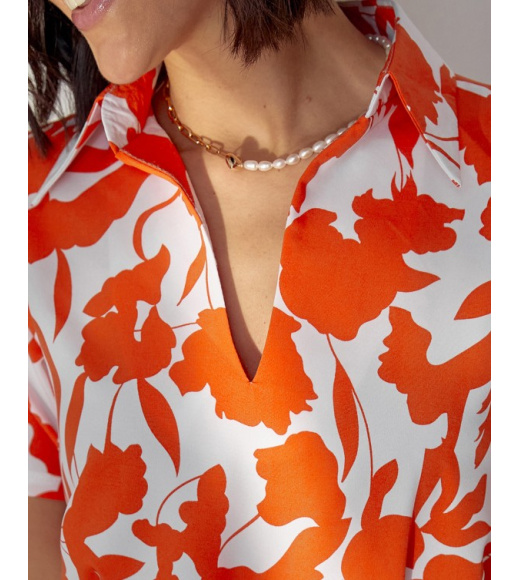 Оранжевое короткое платье-трапеция с воротником