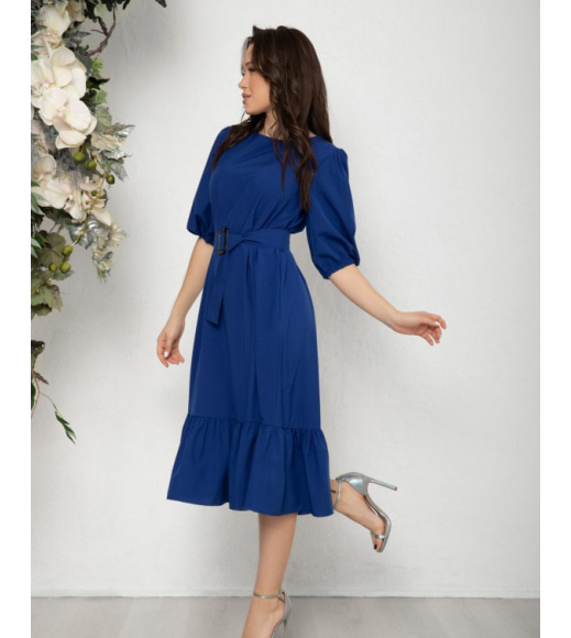Синее расклешенное платье с рукавами-фонариками