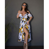 Бело-желтое хлопковое платье-халат с воланом