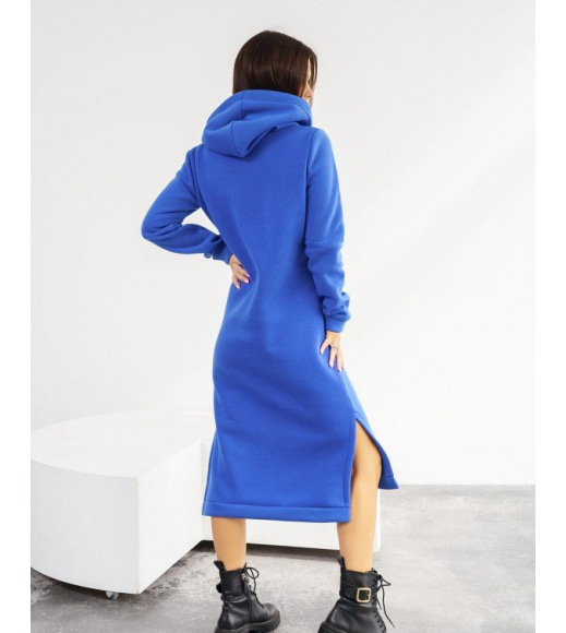 Синее утепленное флисом платье с капюшоном