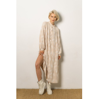 Бежевое принтованное в листочки длинное свободное платье с пышными рукавами Seventeen 2048.5318