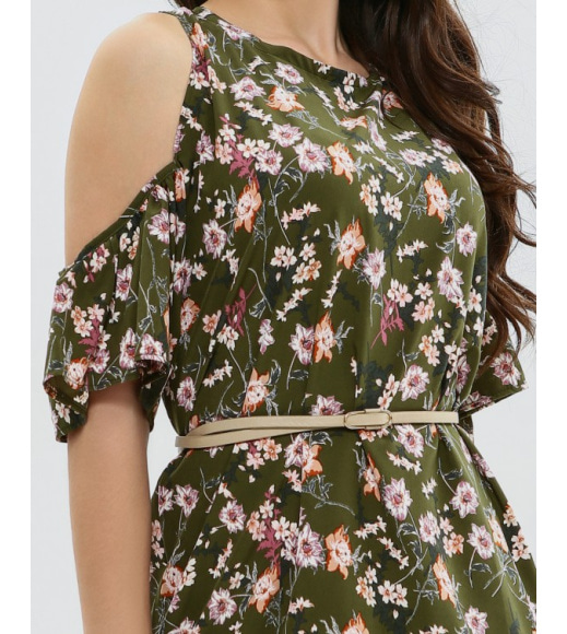 Квіткове плаття кольору хакі з вирізами на плечах