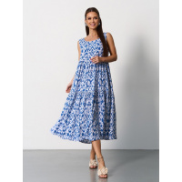 Синее хлопковое платье-трапеция с орнаментом