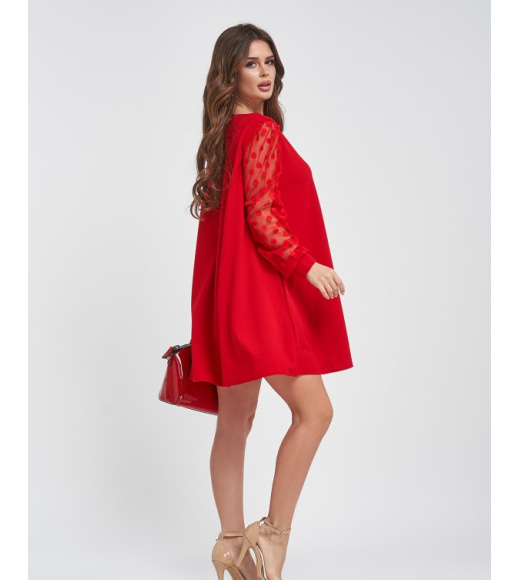 Червона сукня-трапеція з сітчастими рукавами