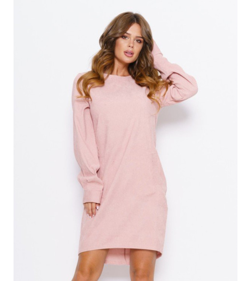 Розовое вельветовое свободное платье с карманами