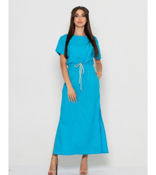 Голубое льняное платье с кулиской на талии