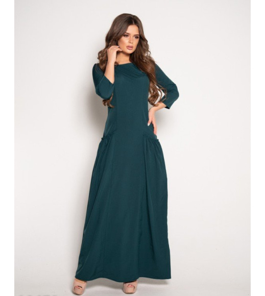 Темно-зеленое платье в пол с рукавами 3/4 и карманами