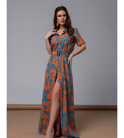 Бирюзово-оранжевое платье-рубашка с цветочным принтом