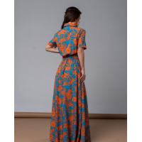 Бирюзово-оранжевое платье-рубашка с цветочным принтом