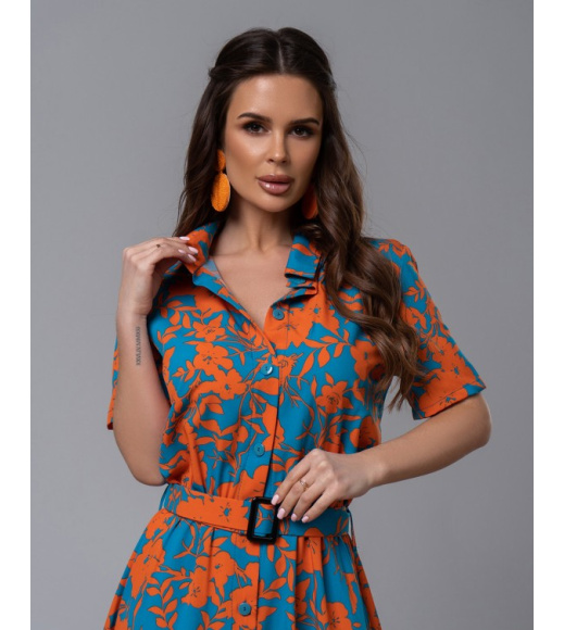 Бірюзово-оранжева сукня-сорочка з квітковим принтом