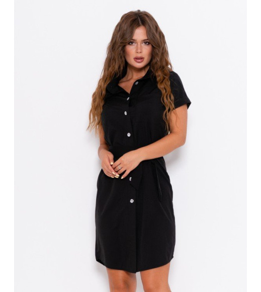 Черное платье-рубашка с поясом и карманом
