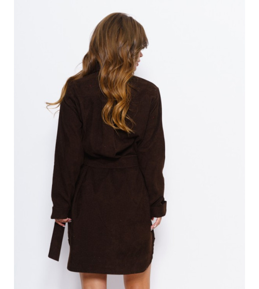Темно-коричневое вельветовое асимметричное платье-рубашка