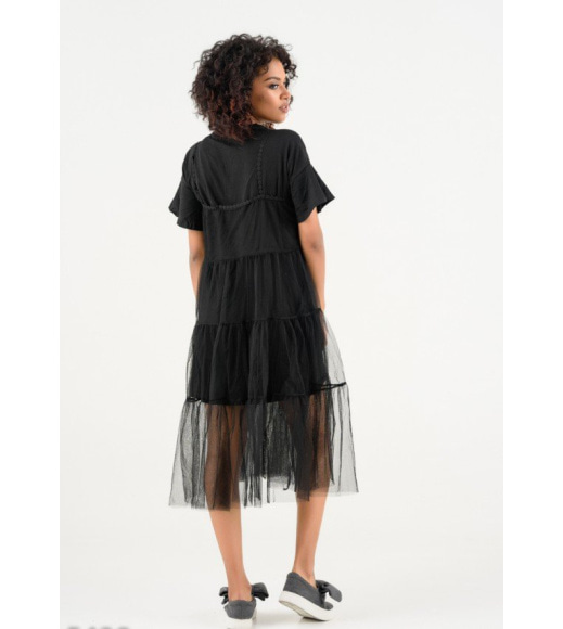 Черное платье-футболка с верхним прозрачным сарафаном с мулине
