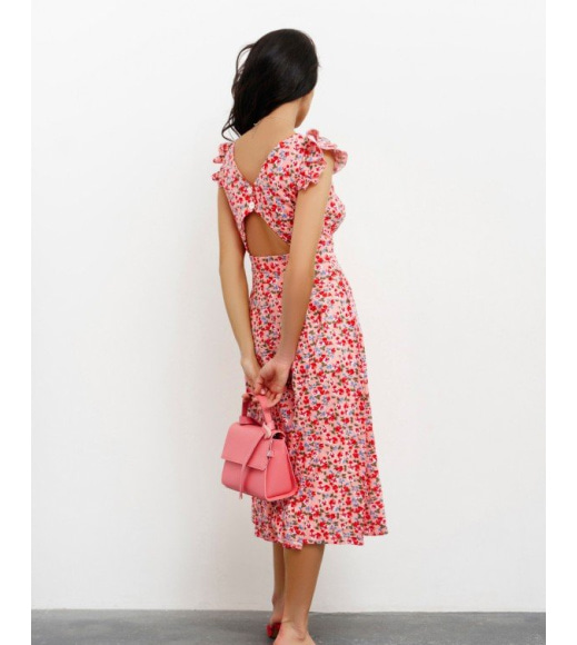 Розовое хлопковое принтованное платье с воланами