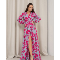 Серое длинное платье-халат с принтом